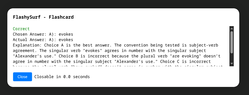 Flashcard showing a correct answer